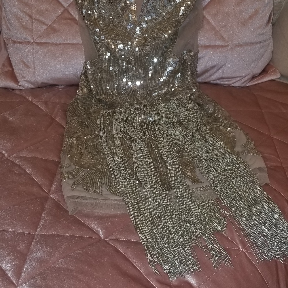 Vintage Gorgeous, gold Sequin & Fringe Dress by Bebe